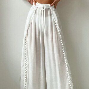 White Boho Women's Beachwear Pom-Pom Trim Tie Front Waist Splice Cover Up Pants
